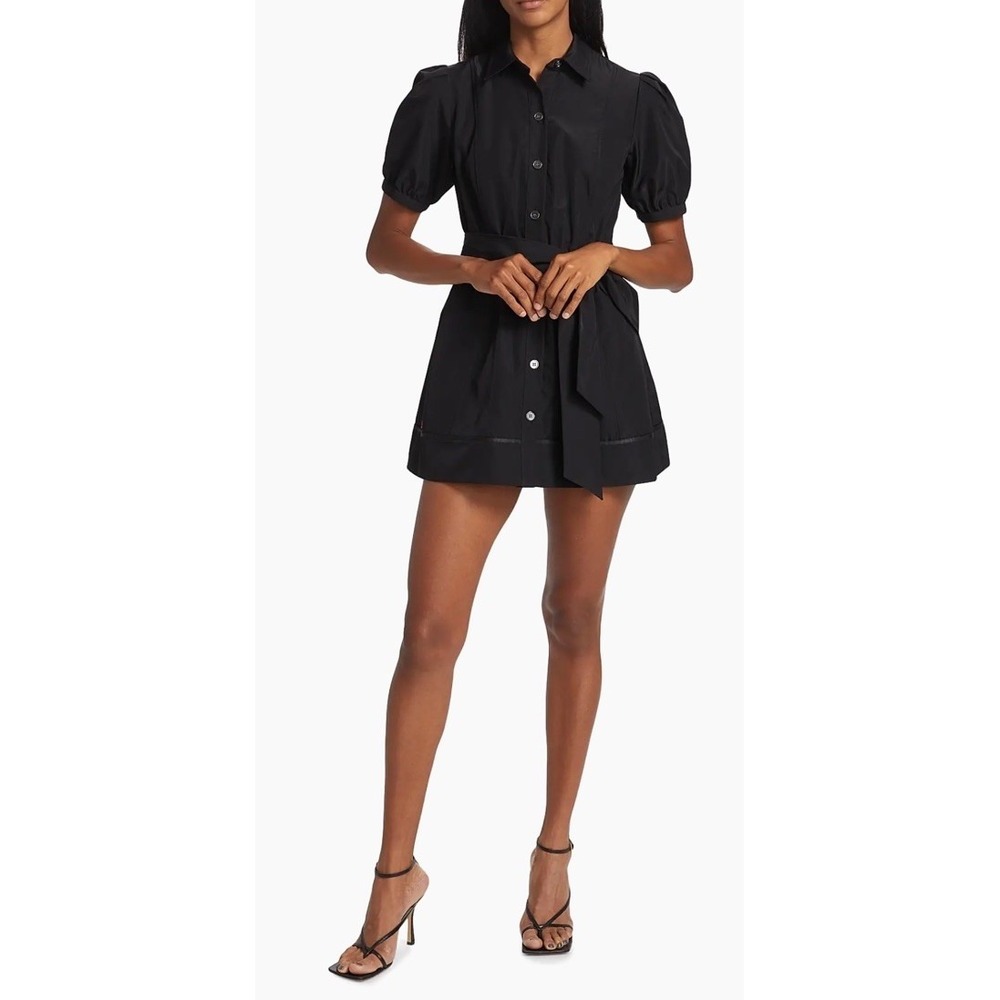 LDT Ainsley Tie-Waist Mini Shirtdress  Puff Sleeves Self Tie Belt Black 12